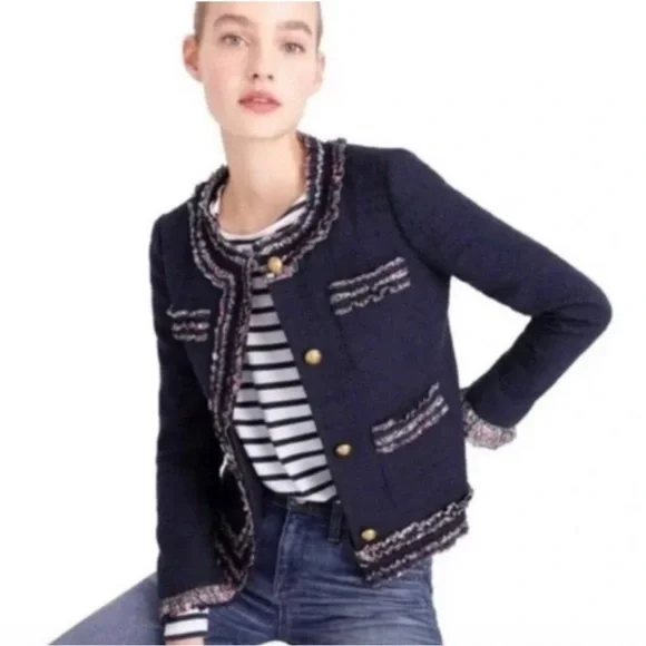 J. Crew Lady Jacket Navy Tweed Liberty London Floral Ruffle
Size 10 petite - Picture 2 of 12